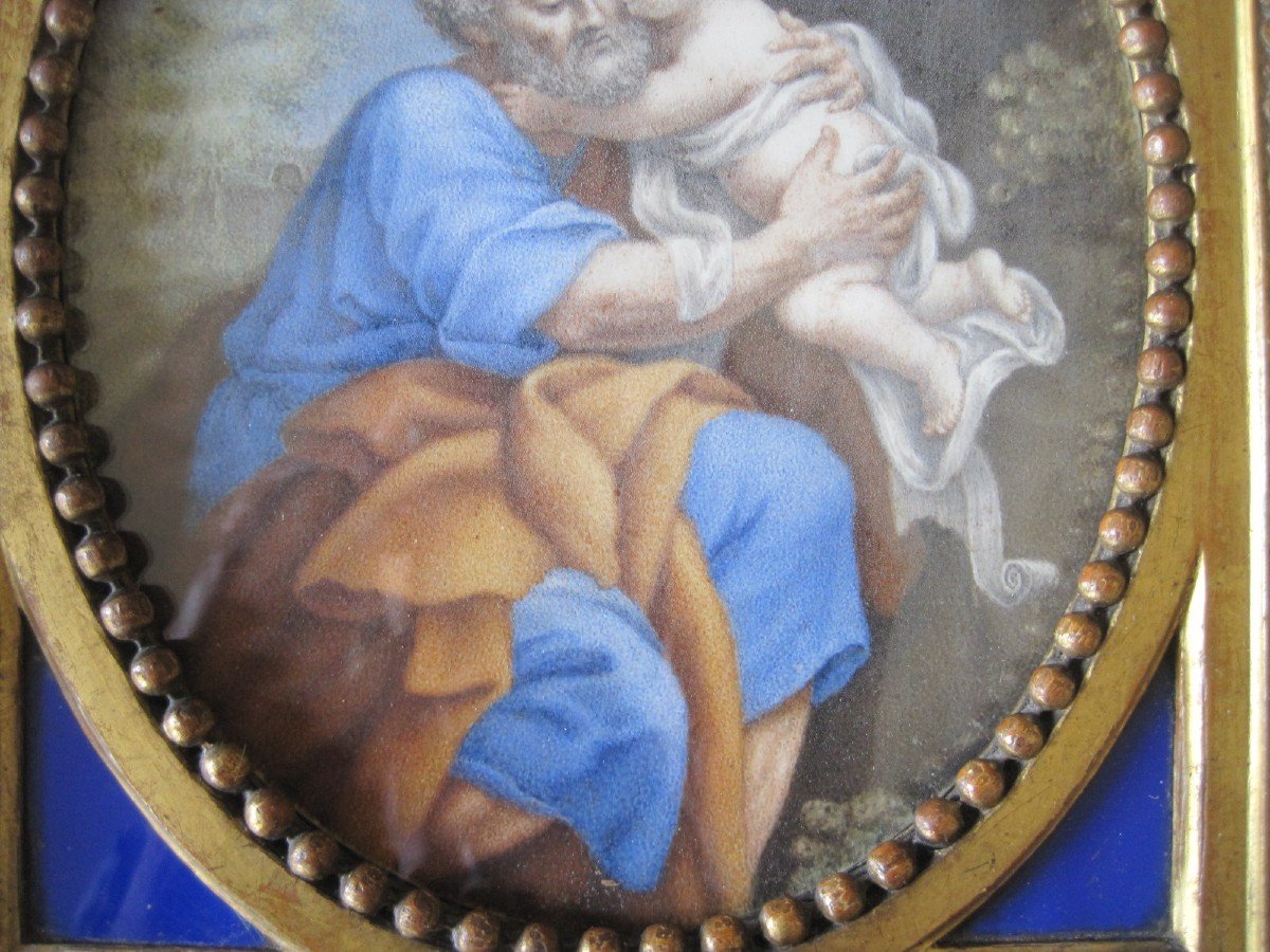 Coppia di dipinti su pergmena, San GIuseppe e Maria con Gesù. Italia, XVIII secolo-photo-1