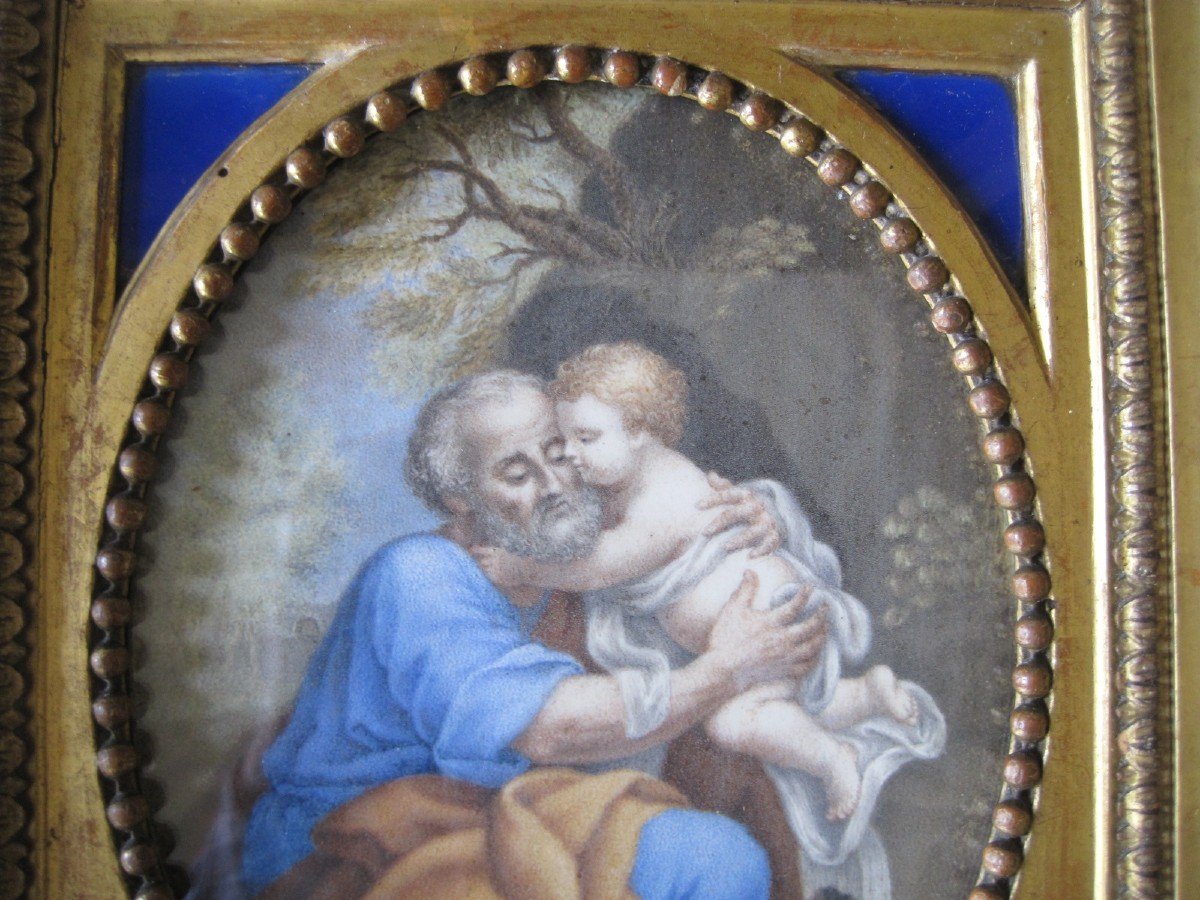 Coppia di dipinti su pergmena, San GIuseppe e Maria con Gesù. Italia, XVIII secolo-photo-2
