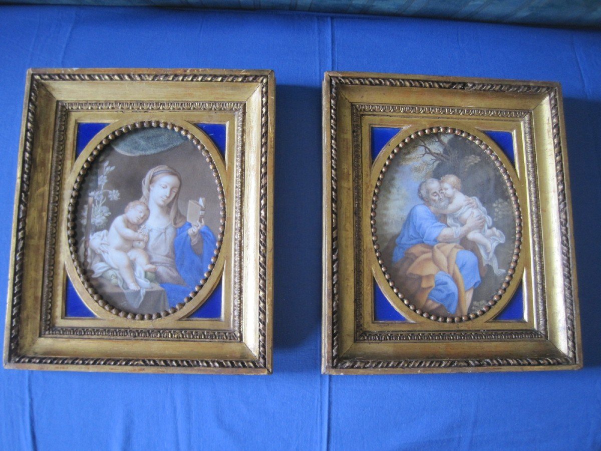 Coppia di dipinti su pergmena, San GIuseppe e Maria con Gesù. Italia, XVIII secolo