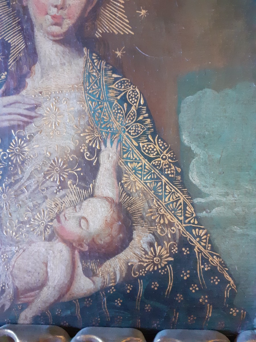 Scuola  spagnola o sud-americana,  olio su tela,  Madonna e Bambino,  Sc, XIX secolo-photo-3