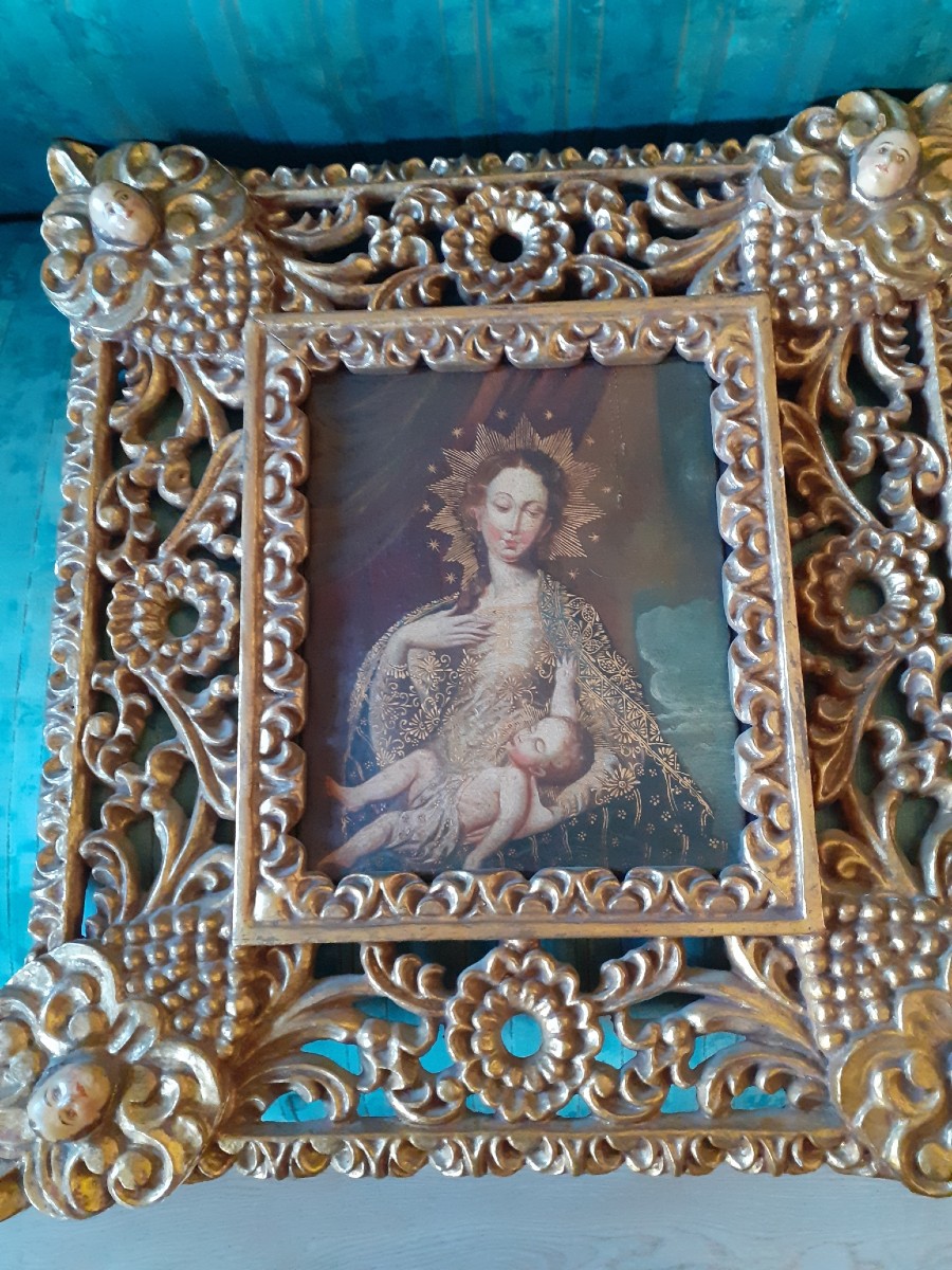 Scuola  spagnola o sud-americana,  olio su tela,  Madonna e Bambino,  Sc, XIX secolo