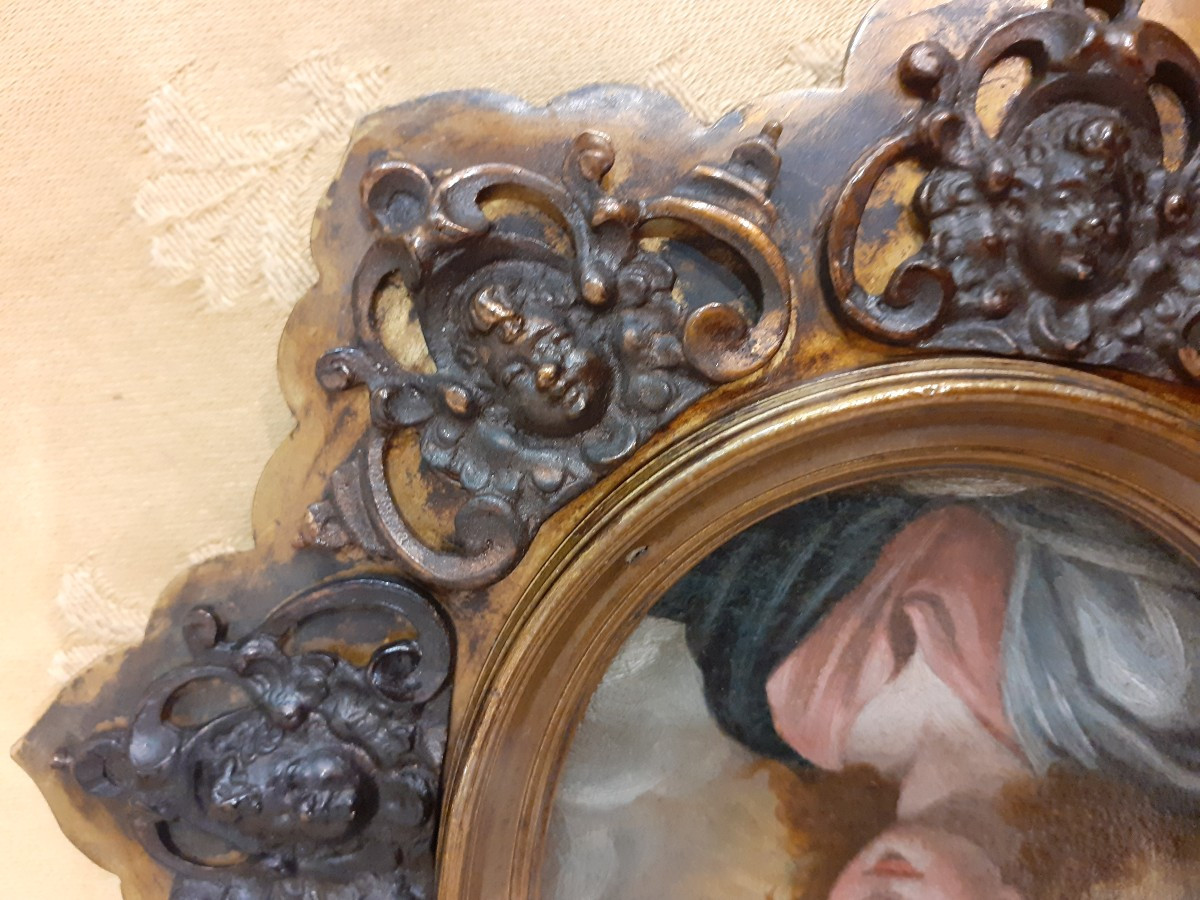 Gesù Giovane, olio su rame in ricca  cornice in bronzo, Italia fine del XVIII secolo-photo-2