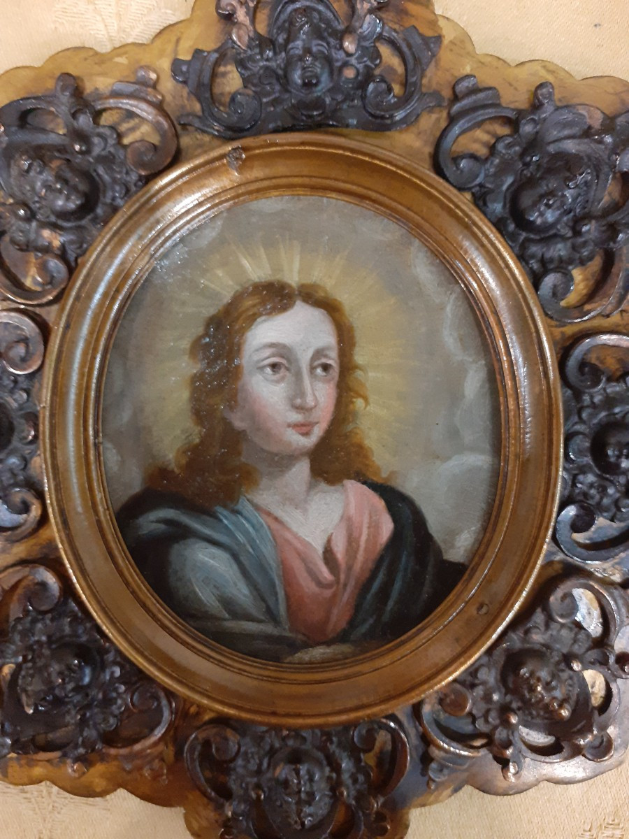 Gesù Giovane, olio su rame in ricca  cornice in bronzo, Italia fine del XVIII secolo-photo-4