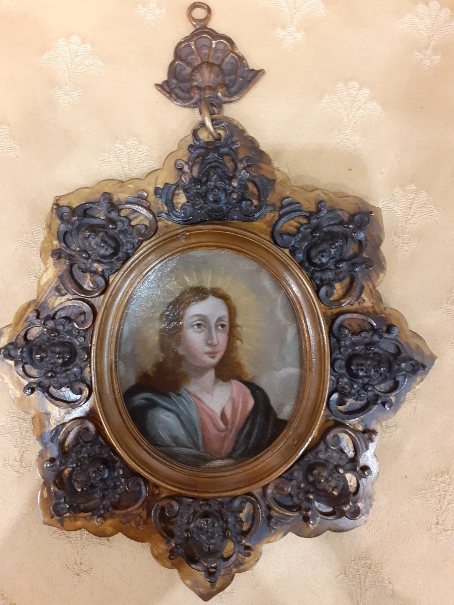 Gesù Giovane, olio su rame in ricca  cornice in bronzo, Italia fine del XVIII secolo