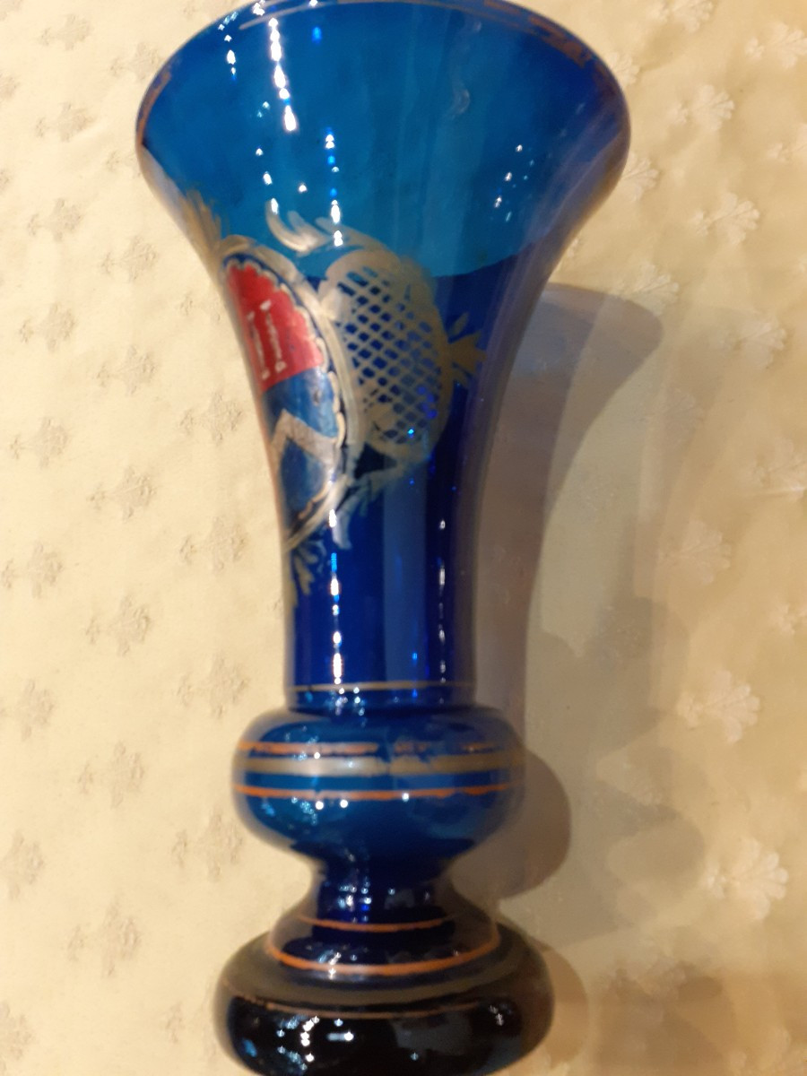 Coppia di vasi in vetro blu con stemmi nobiliari, Italia XVIII secolo-photo-2