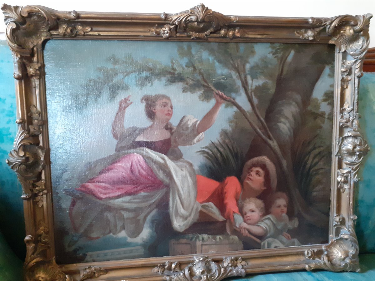 Altalena a bascula, olio su tela, da Fragonard, Francia XIX secolo
