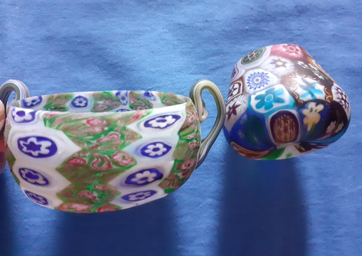 Due piccoli oggetti millefiori (murrina), fornace Fratelli Toso, Venezia 1910
