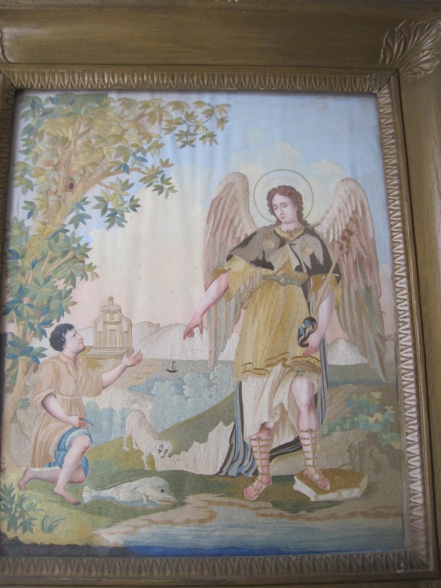 Tableau En Broderie De Fils De Soie Représentant  Tobia Et l'Ange, XVIIIe