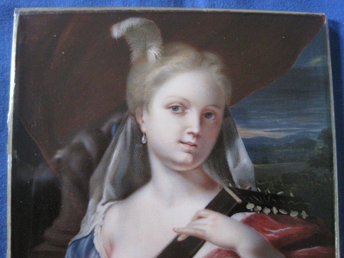 Joueuse de Luth, Aquarelle Sur Ivoire, Signé D Bossi, Italie, XIX Siècle-photo-2