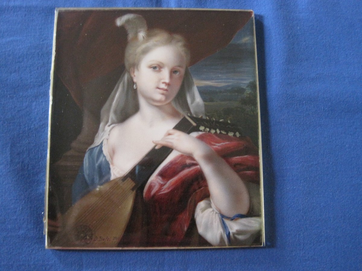 Joueuse de Luth, Aquarelle Sur Ivoire, Signé D Bossi, Italie, XIX Siècle