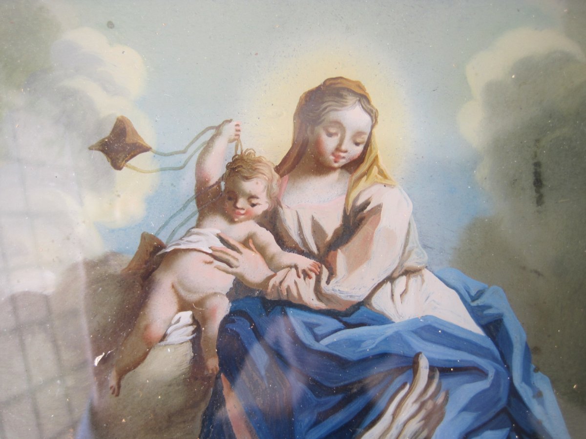 Tableau Religieux Sur Verre,  cadre d'origine,Italie   XVIIè siècle  -photo-2