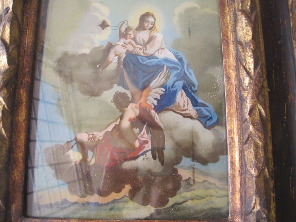 Tableau Religieux Sur Verre,  cadre d'origine,Italie   XVIIè siècle  