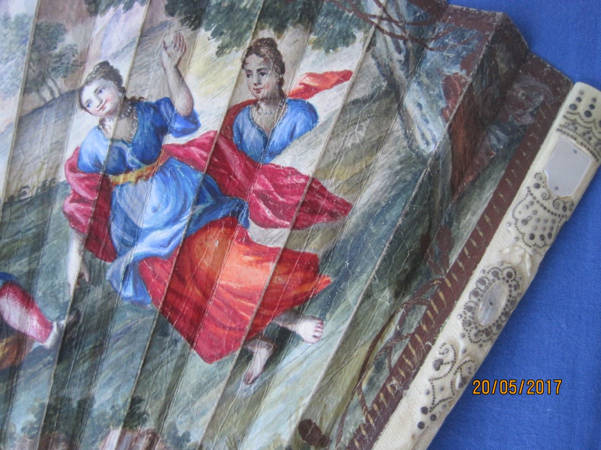 Ventaglio pieghevole dipinto su pelle con scena campestre, Italian 1720-1750, con CITES-photo-3