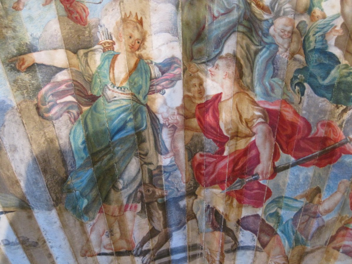 La Caccia di Diana e Endimione, ventaglio pieghevole dipinto su pelle, Italia 1750, with CITES-photo-2
