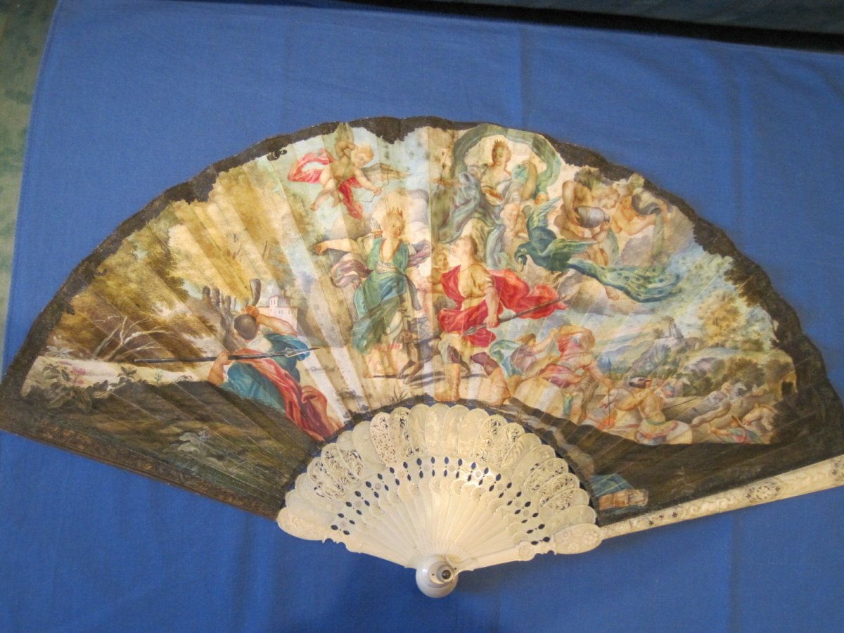 La Caccia di Diana e Endimione, ventaglio pieghevole dipinto su pelle, Italia 1750, with CITES