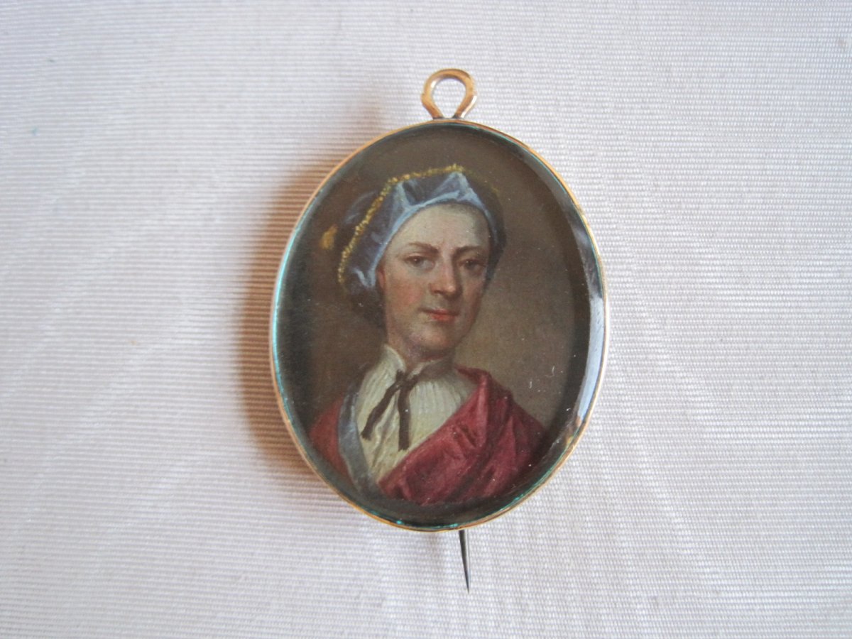 Miniature Portrait, Huile Sur Cuivre d'Un Homme, Monté à Broche, Angleterre XVIIIe Siècle  -photo-2