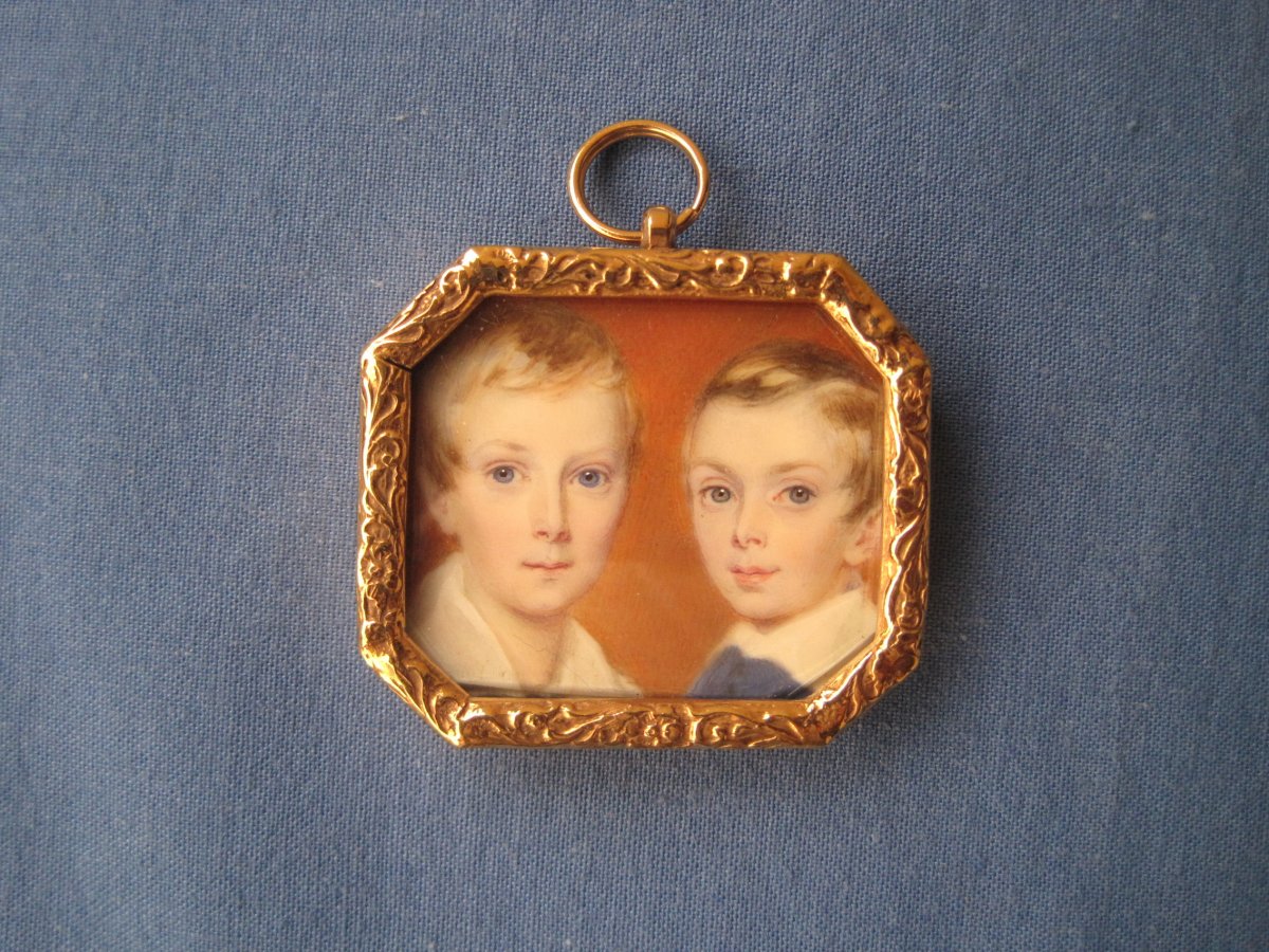 Miniature Portrait, Deux Enfants, Acquerelle Sur Ivoire, Ecole Anglaise, Vers 1840 