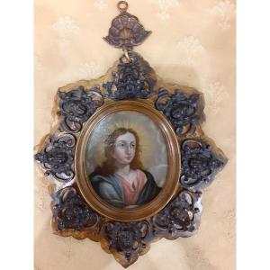 Gesù Giovane, olio su rame in ricca  cornice in bronzo, Italia fine del XVIII secolo