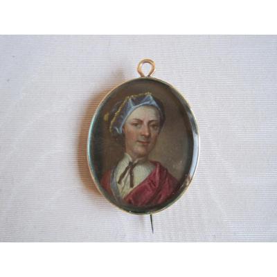Miniature Portrait, Huile Sur Cuivre d'Un Homme, Monté à Broche, Angleterre XVIIIe Siècle  