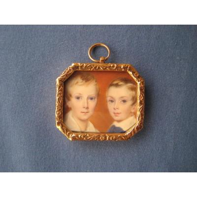 Miniature Portrait, Deux Enfants, Acquerelle Sur Ivoire, Ecole Anglaise, Vers 1840 