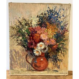  Lucien Fournet 1902-1975 - Oil On Canvas - Countryside Bouquet - 46x55 Cm