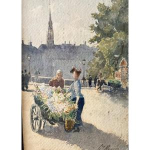 Henry Mouren 1844-1926 - Watercolor - Flower Merchants On The Quays Of The Seine.