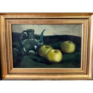 Still Life  With Apples -1958. - Signed Guiot - Oil On Canvas