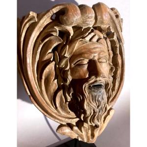 Wall Lamp - Console, Carved Wooden Head - Lead Mold Mouth. 18th Century