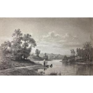 Michel Bouquet 1807-1890 - Large Wash Gouaché 32x50 Cm - Bord De Loire 1879