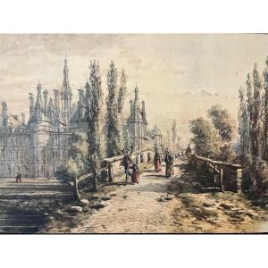 View Of The Château De Chambord - Animated Watercolor - Mid-19th Century - Jd Monogram