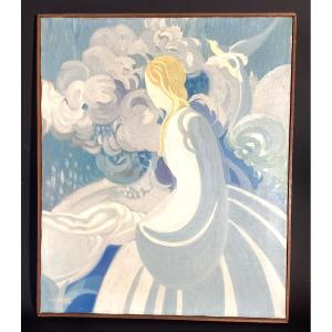 H. Cordier - Oil On Canvas - Woman In A Dreamlike Landscape - Art Deco - 46x55 Cm