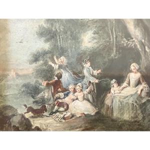 Miniature On Paper. Scene, Fête Champêtre. 18th Century. In The Taste Of Watteau.