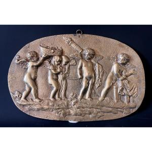 Bronze Bas-relief - Love Guiding A Couple To The Altar - Wedding - Puttis - 19th Century