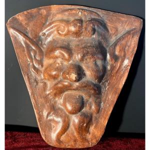 Bas-relief - Head Of The God Pan Or Faun - Terracotta Signed "le Potier De Lucéram".