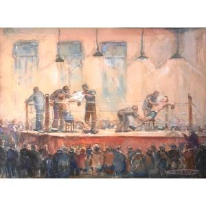 Boxing Fight Scene - 1920-1930 - Signed - Gouache - Paris American Art Cie