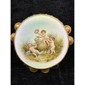 Rovina Unique Piece "earthenware Tambourin With Three Decorated Loves" To Place Or Hang