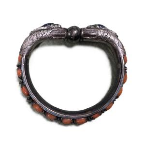China: Qing Dynasty Bracelet Silver Coral Enamel