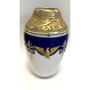 Rovina Epinal, Porcelain Vase, Empire Style On A Blue Background, Acid-etched Open Neck