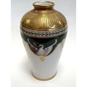 Rovina Epinal, Porcelain Vase, Empire Style On A Green Background, With An Acid-etched Open Neck