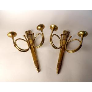 Pair Of Empire Style “hunting Horn” Wall Lights