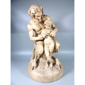 Patinated Plaster "flute Lesson With Pan" 1876 By Théodore Hebert (1829-1913)
