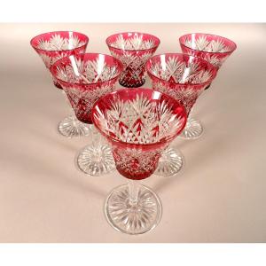 Set Of 6 Red Tinted Crystal White Wine Glasses By St Louis - "musset" Model