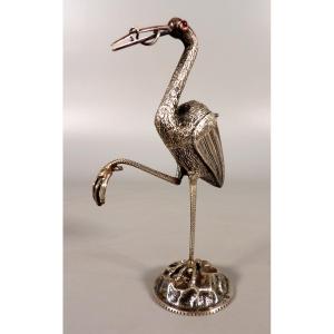 19th Century Silver Stork With Ruby Red Eyes