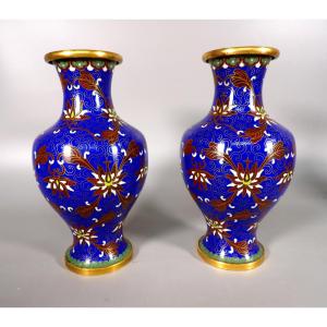 Pair Of Chinese Cloisonné Vases With Stylized Floral And Foliage Motifs