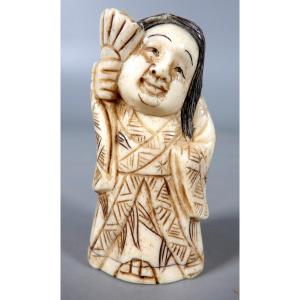 Ivory Netsuke - Woman In Traditional Dress Holding A Fan - Signed