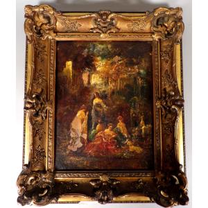 Oil On Wood - "young Women In A Park" - By Adolphe Monticelli (1824-1886)