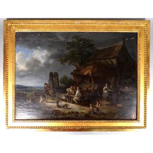 Large Oil On Oak Panel - Scene Of Life In Front Of An Inn - 19th Century Dutch School