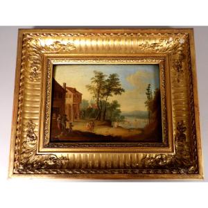 Oil On Wood - Scene Of Rural Life - Flemish School Of The 18th Century