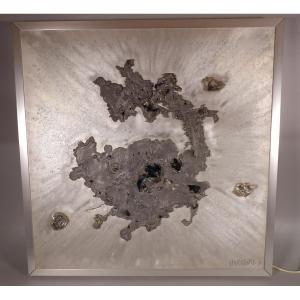 Backlit Wall Sconce In Glass And Cast Lead, 65 X 65 Cm - By Enri Dargence - 1970