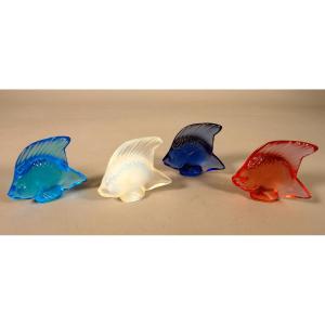 Set Of 4 "fish" Sculptures By René Lalique - Frosted Crystal - Lalique France